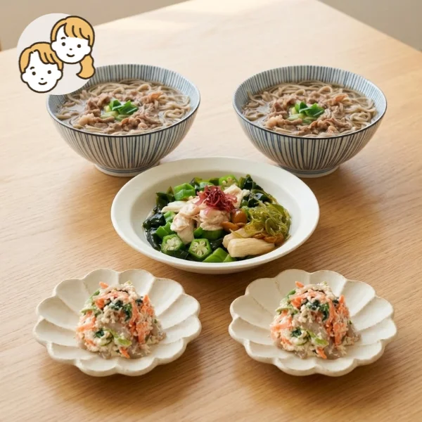 肉蕎麦とオクラサラダの主食・主菜・副菜セット (大人2人)