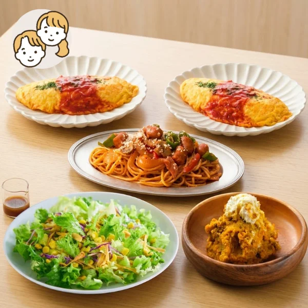 オムライス・ナポリタンの主食・主菜・副菜セット (大人2人)