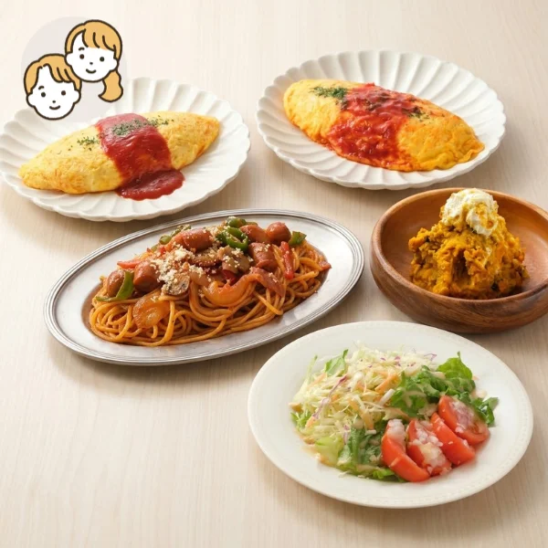 オムライス・ナポリタンの主菜・副菜セット (大人2人)