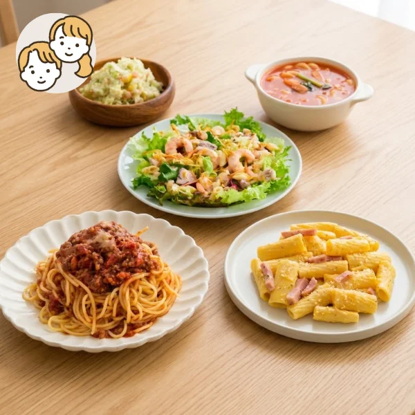 2種のパスタと海の幸サラダの主食・主菜・副菜セット (大人2人)