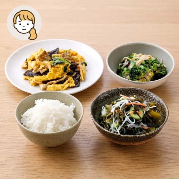 中華炒めと蒸し鶏オクラの主食・主菜・副菜セット (大人1人)