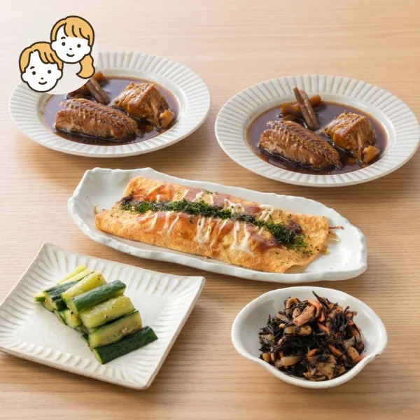 ほっけ煮ととん平焼きの主菜・副菜セット (大人2人)