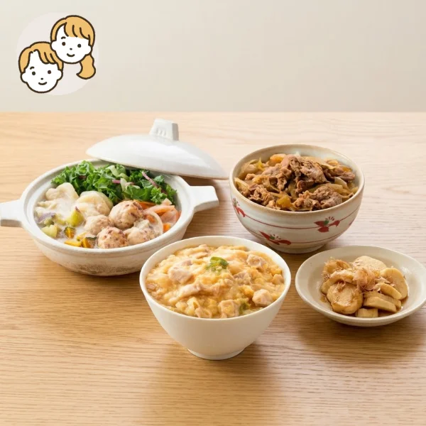 和風丼と鶏だんご鍋の主食・主菜・副菜セット (大人2人)