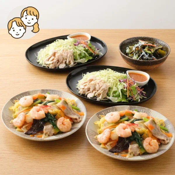 海老あんかけ焼きそばと棒棒鶏の主食・主菜・副菜セット (大人2人)