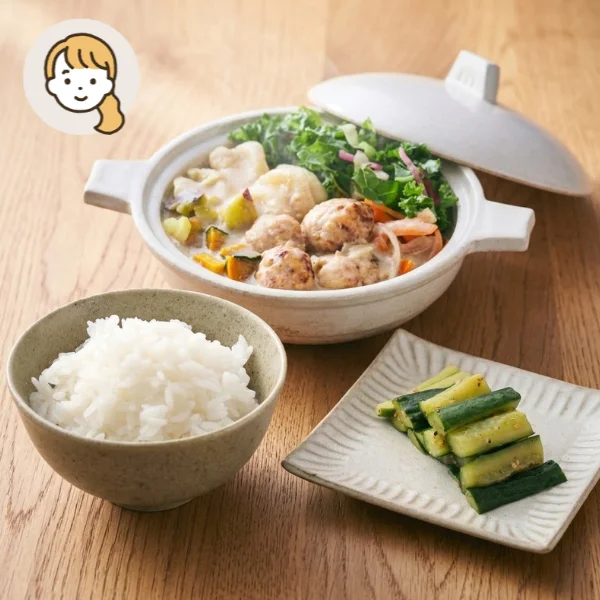 鶏だんご豆乳鍋の主食・主菜・副菜セット (大人1人)
