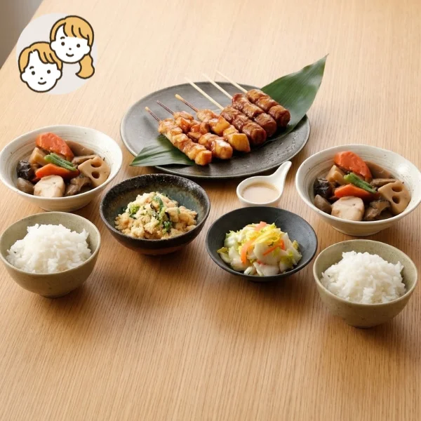 やきとりとほっこり和惣菜の主食・主菜・副菜セット (大人2人)