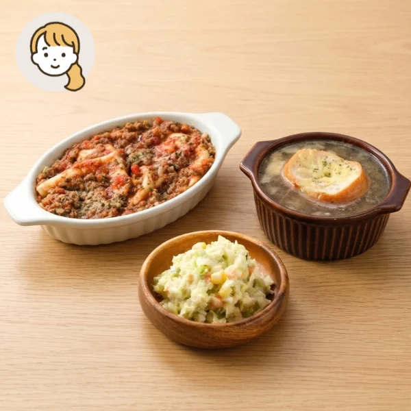 自家製ラザニアと玉ねぎスープの主食・主菜・副菜セット (大人1人)
