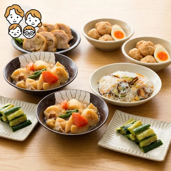 鶏肉生姜巻きとふわふわつくねの主菜・副菜セット (ファミリー)
