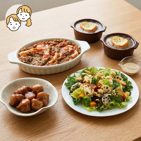 自家製ラザニアと玉ねぎスープの主菜・副菜セット (大人2人)