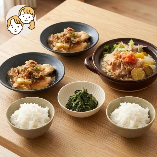 肉豆腐と豚しゃぶ鍋の主食・主菜・副菜セット (大人2人)