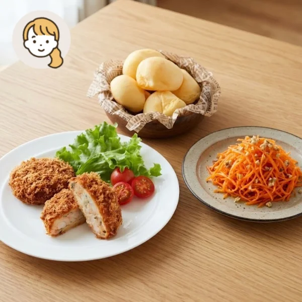 海老帆立カツと人参サラダの主食・主菜・副菜セット (大人1人)