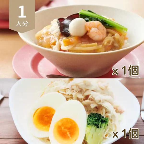 彩り中華丼と蒸し鶏サラダのバランス献立 (1人分)