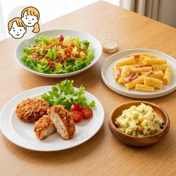 海鮮カツとカルボナーラの主菜・副菜セット (大人2人)