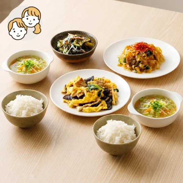 中華炒めと鶏生姜スープの主食・主菜・副菜セット (大人2人)