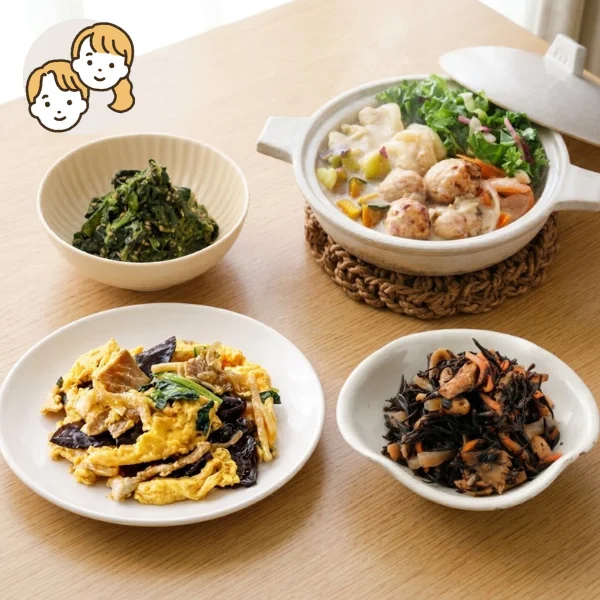 中華炒めと鶏だんご鍋の主菜・副菜セット (大人2人)